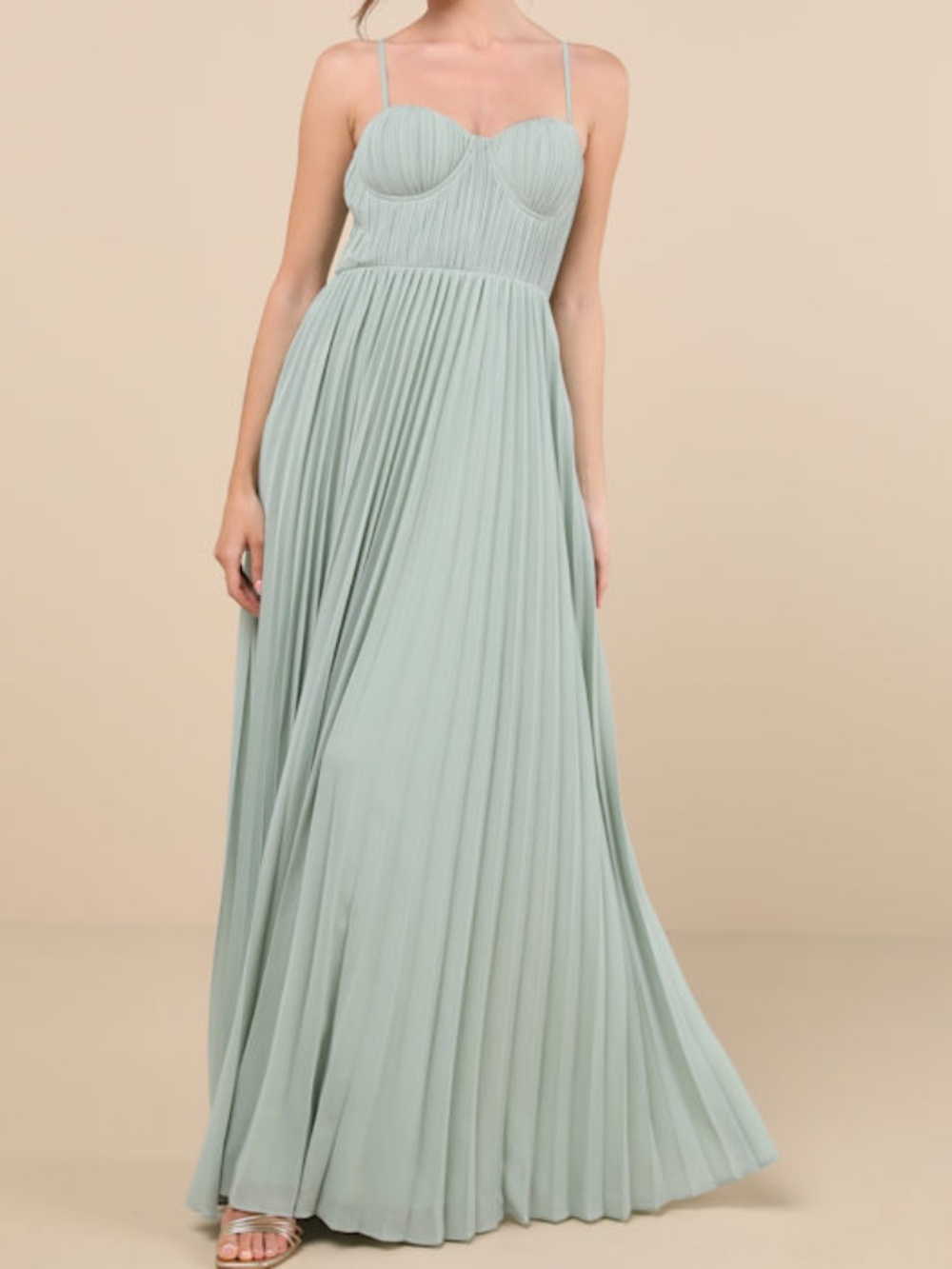 Lulus Admirable Elegance Sage Green Pleated Bustier Maxi Dress - Size S